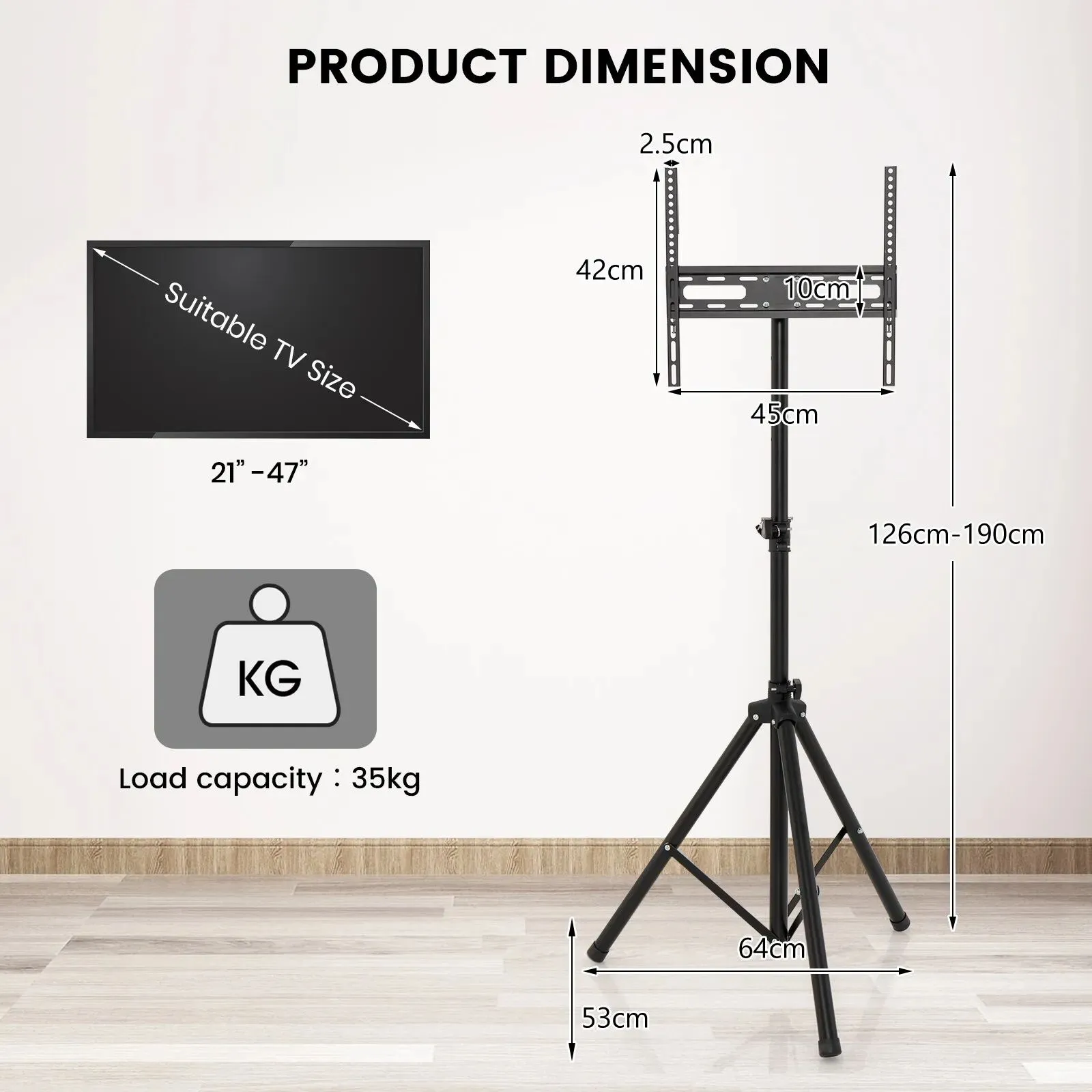 Costway Tripod TV Stand 5-position Height Adjustable Swivel TV Floor Stand Non-slip Foot in Black 2