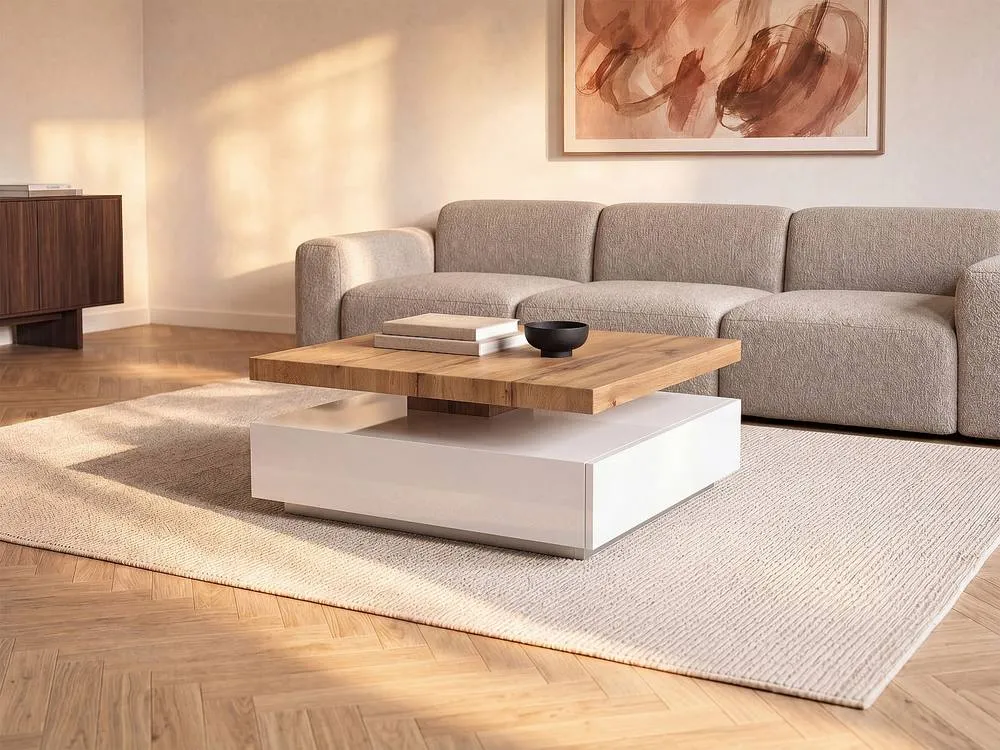 Vente-unique 1 Drawer & Swivelling Tray Coffee Table - MDF - Colour: White & Oak in Light Oak 3