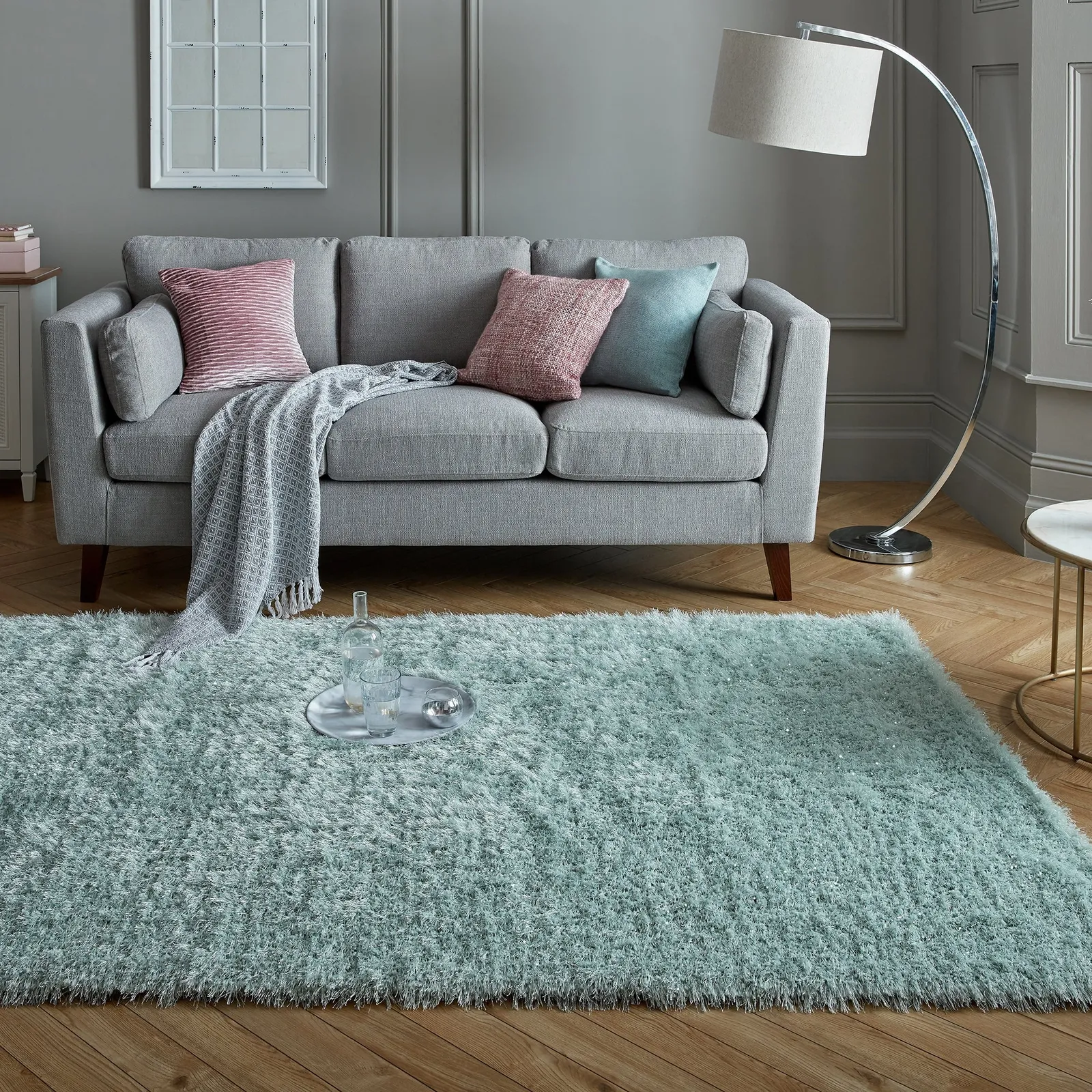 Riviera Sparkle Shaggy Rug Blue and Grey
