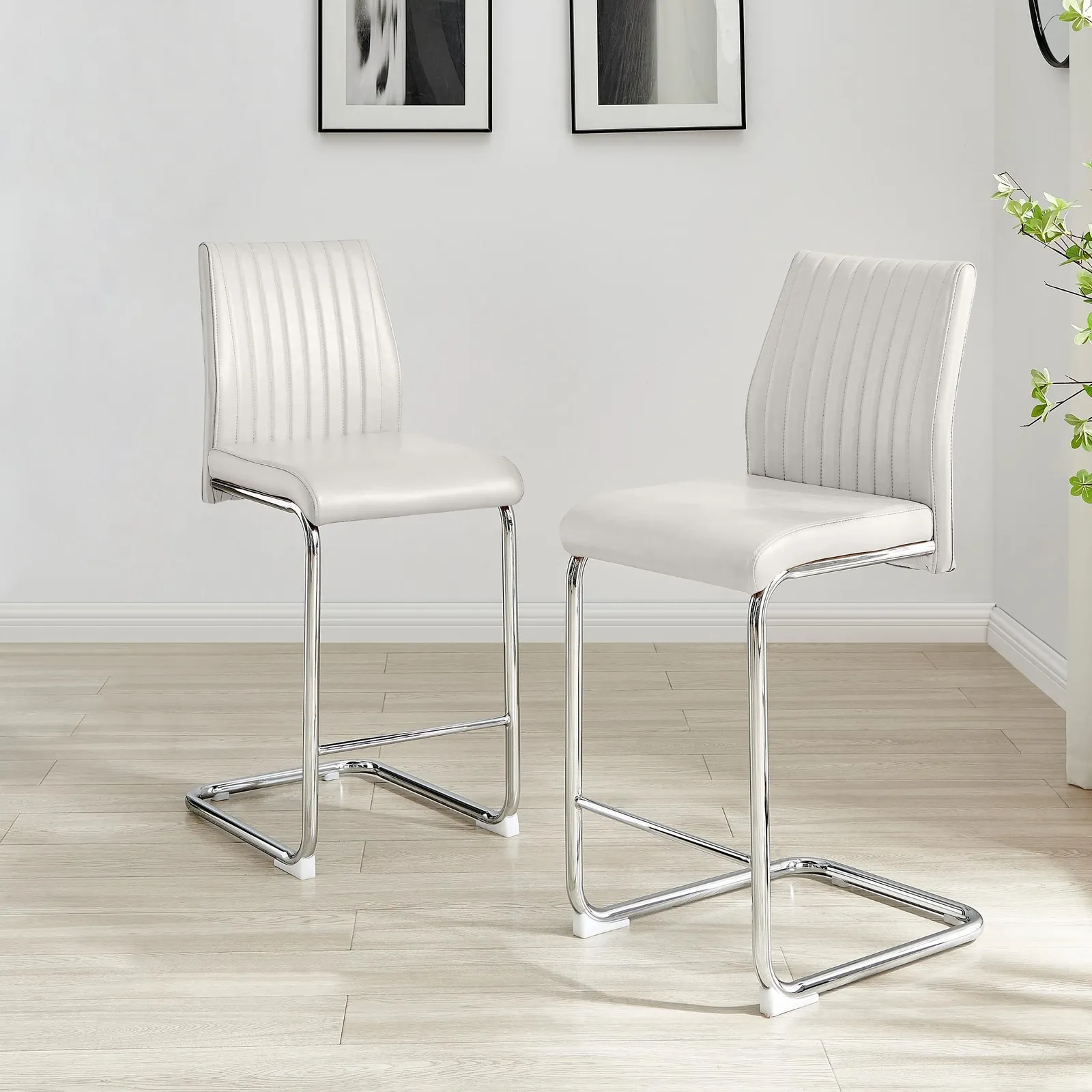 FurnitureboxUK Lorenzo 2x Faux Leather & Silver Counter Stools in Off-White 2