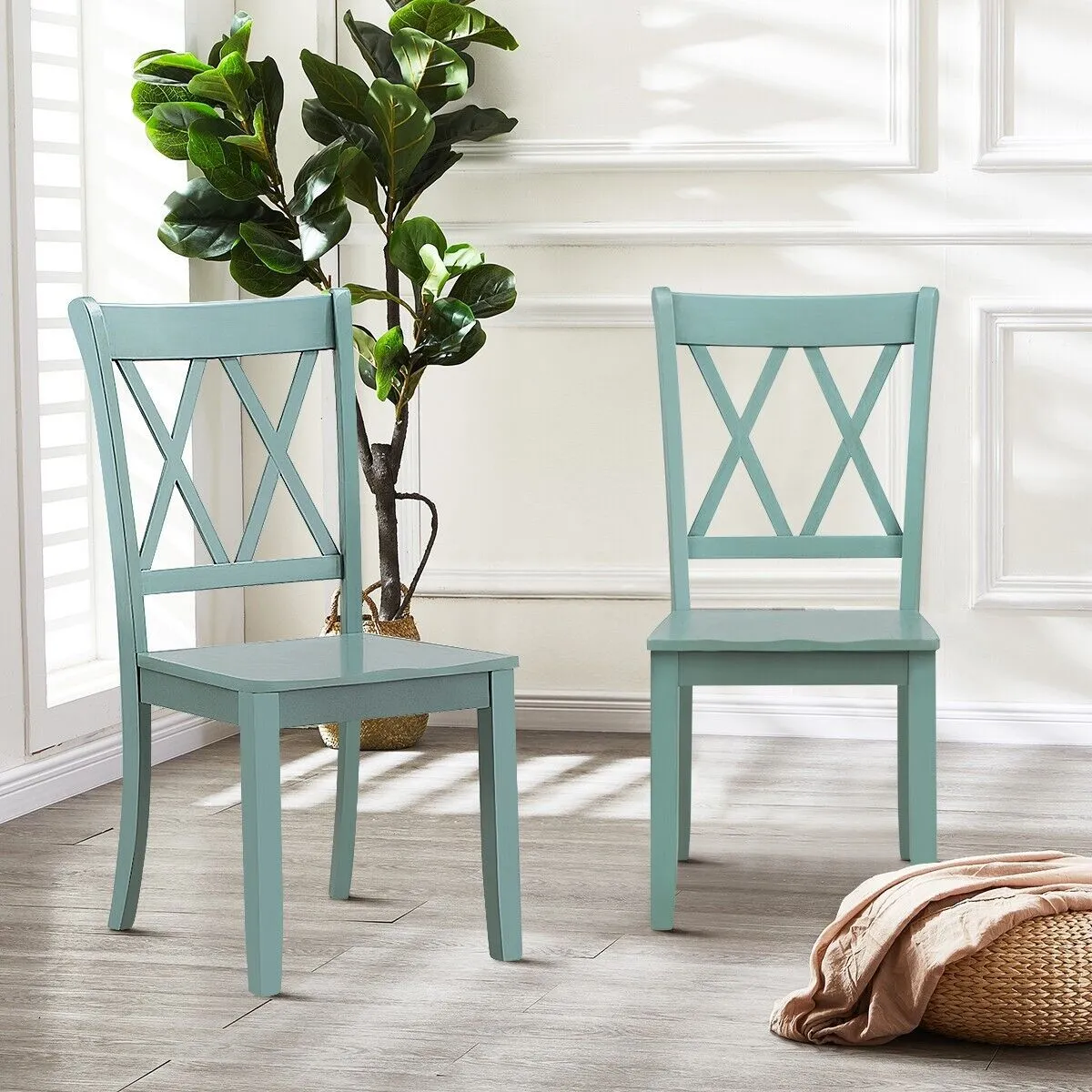 Costway Set of 2 Dining Chairs Wooden Kitchen Side Chair Armless Chairs w/ X Back in Green 3