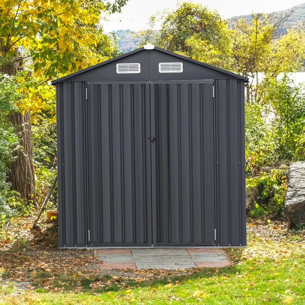 Costway Outdoor Storage Shed Galvanized Metal Tool House w/ Lockable Doors in Dark Grey 2