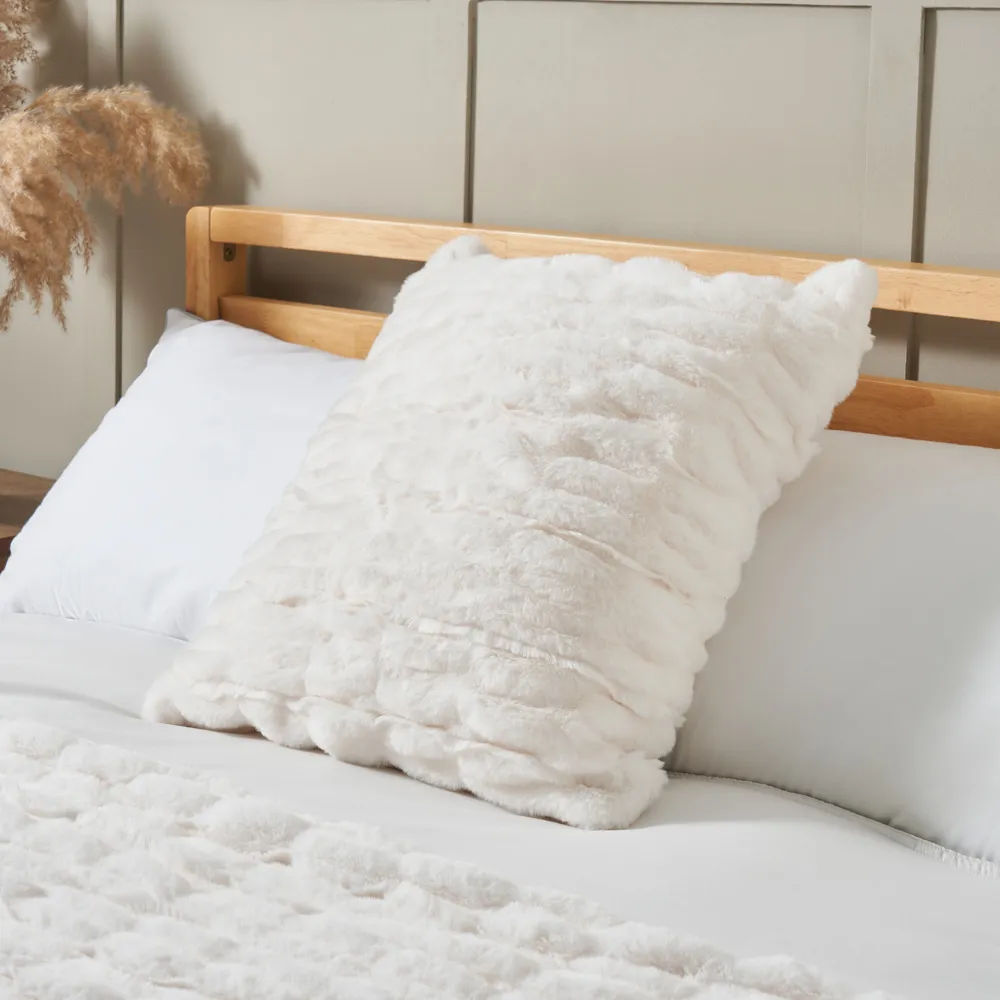 Ruched Faux Fur Cushion, Cream 1