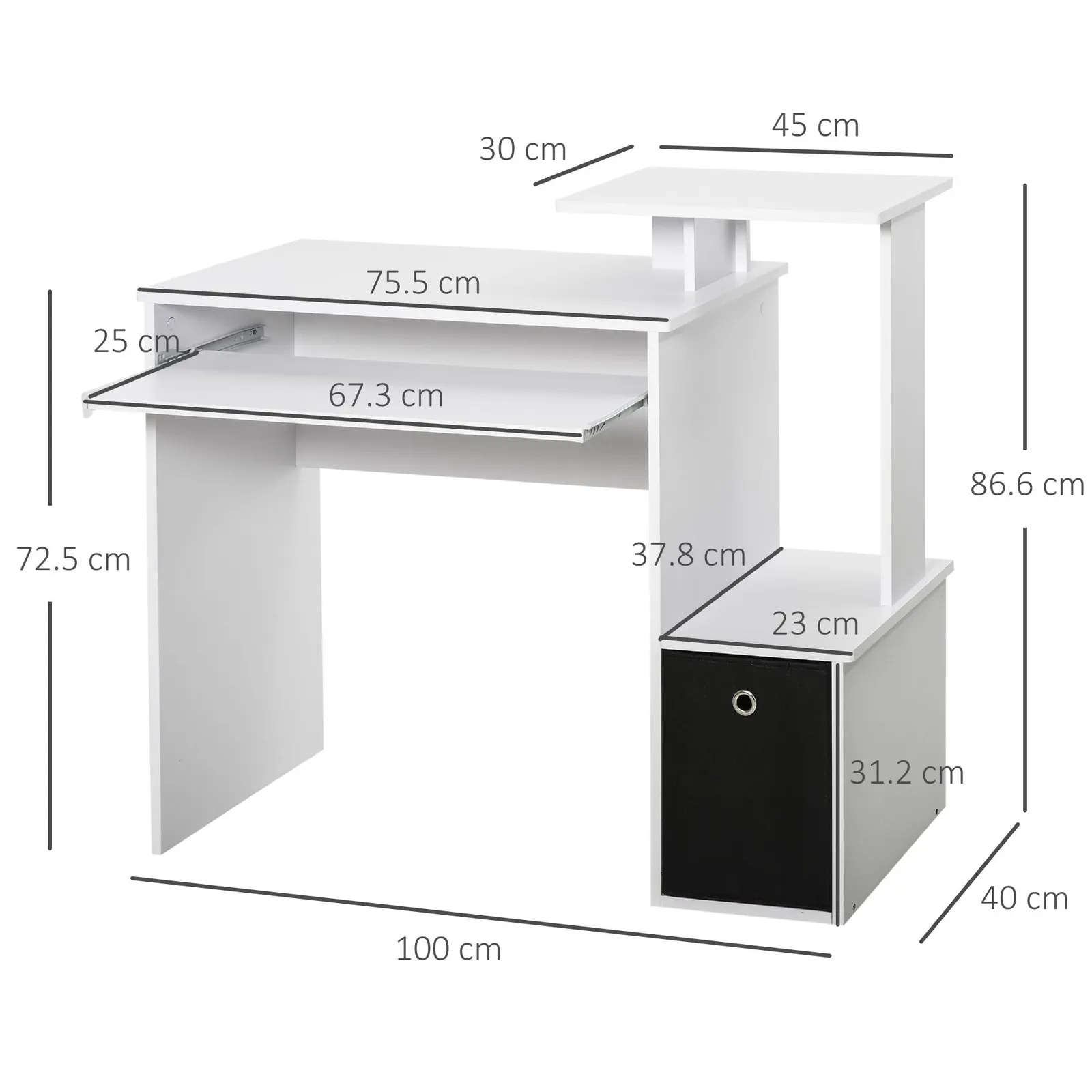 HOMCOM Computer Desk with Sliding Keyboard Tray Storage Drawer Shelf in White 3