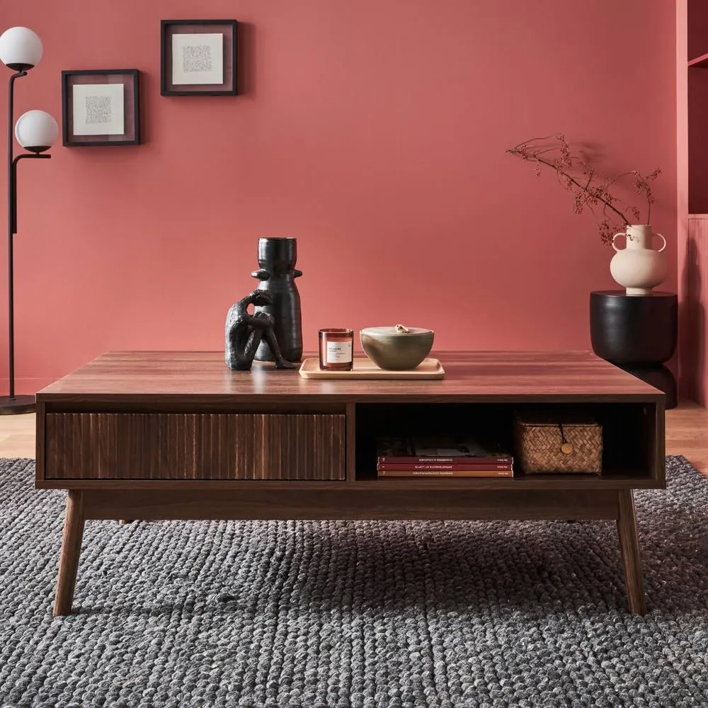 sweeek Grooved Wood Detail Coffee Table in Dark Brown