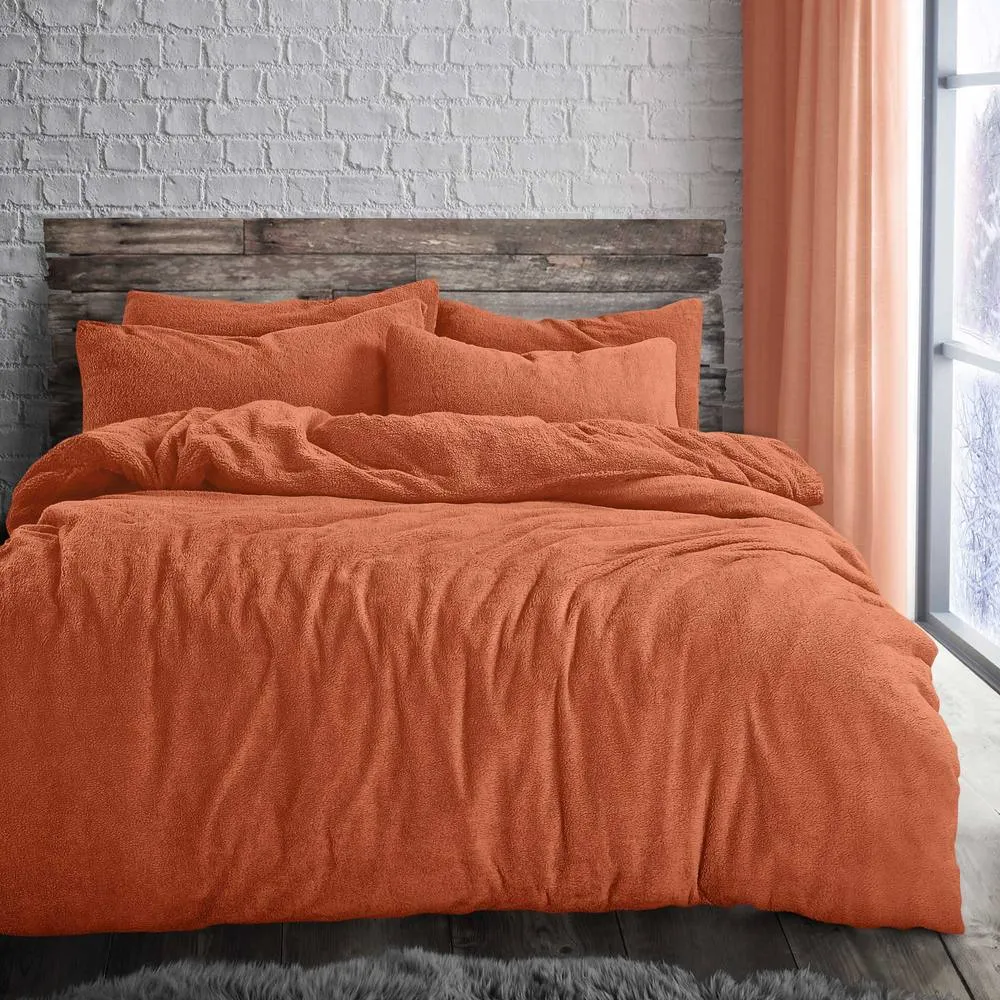 Velosso Plain Teddy Warm & Cosy Duvet Cover & Pillowcase Set in Orange