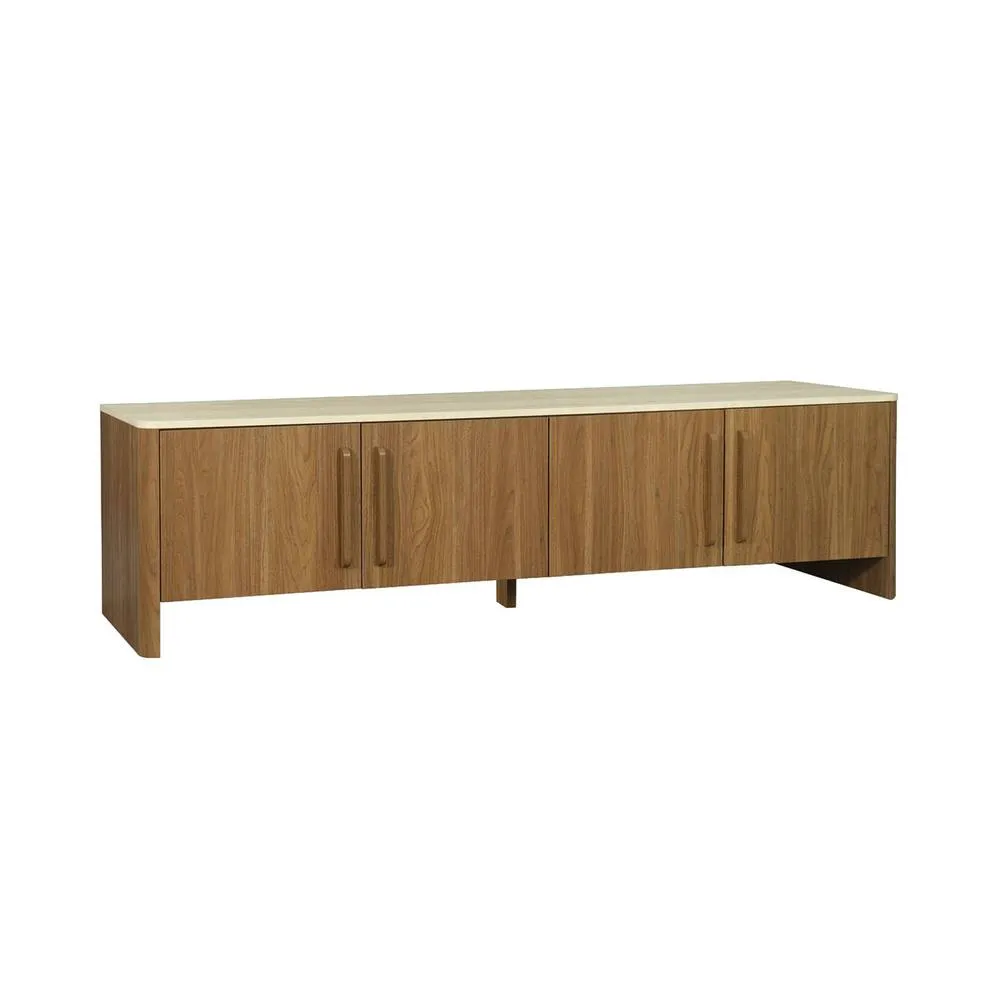 sweeek 4-door TV stand 180 cm with travertine effect top & wood decor in Dark Brown 2