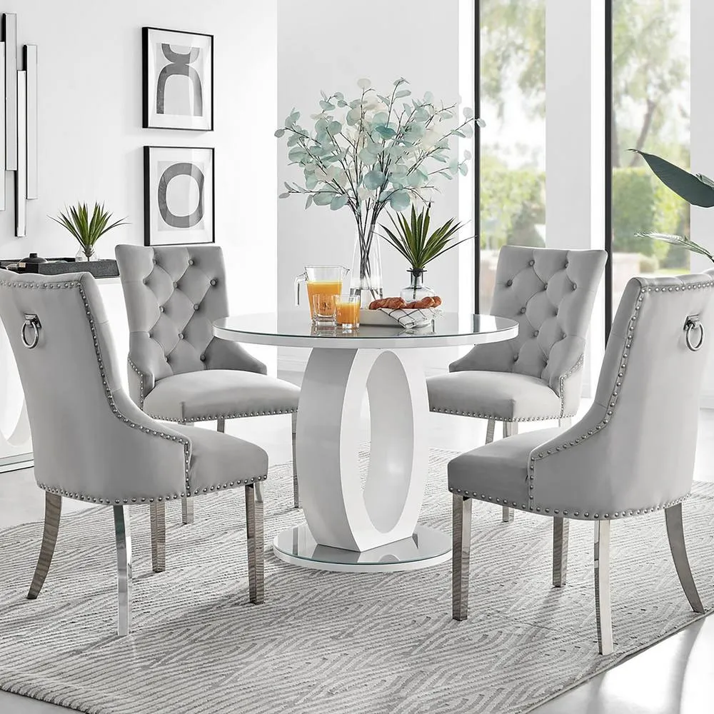 FurnitureboxUK Giovani Round Grey 100cm Table & 4 Velvet Belgravia Chairs