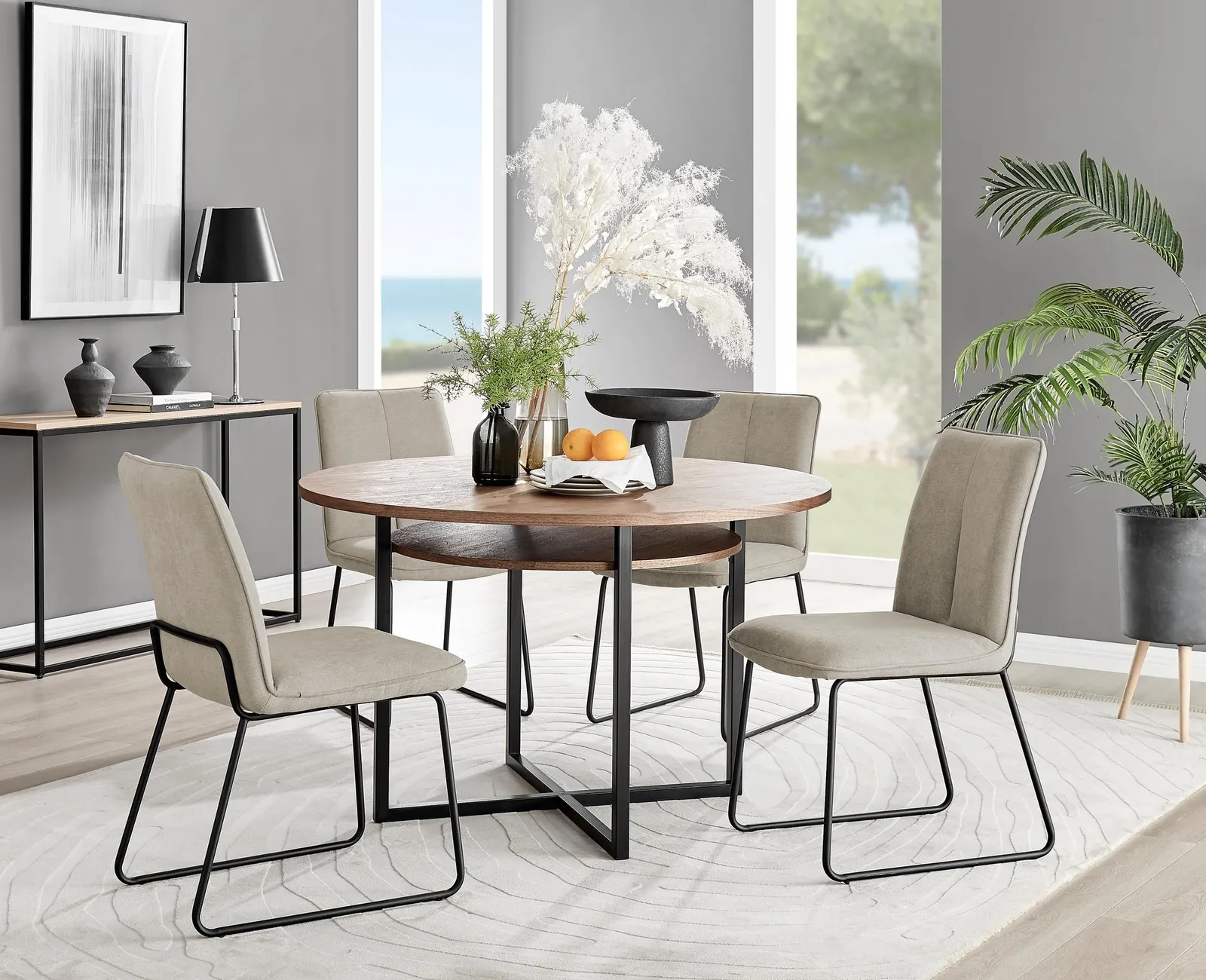 FurnitureboxUK Adley Brown Wood Storage Dining Table & 4 Halleyy Chairs in Beige 1