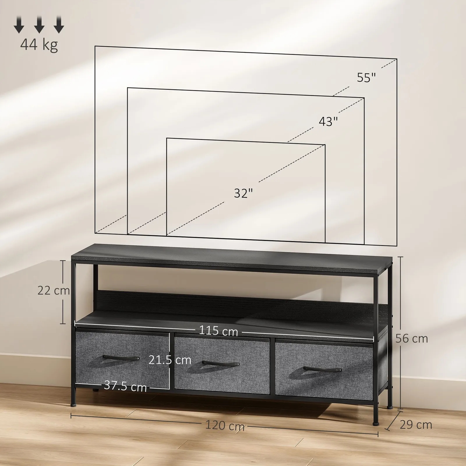 HOMCOM TV Cabinet, TV Console Unit with 3 Foldable Linen Drawers Black 3