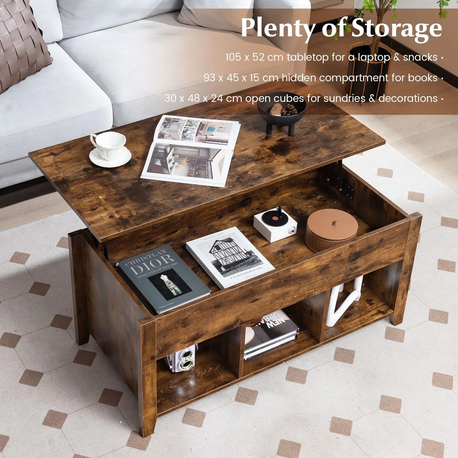 Costway Lift Top Coffee Table Modern Wooden Lift Top Dining Cocktail Table Living Room in Brown 3
