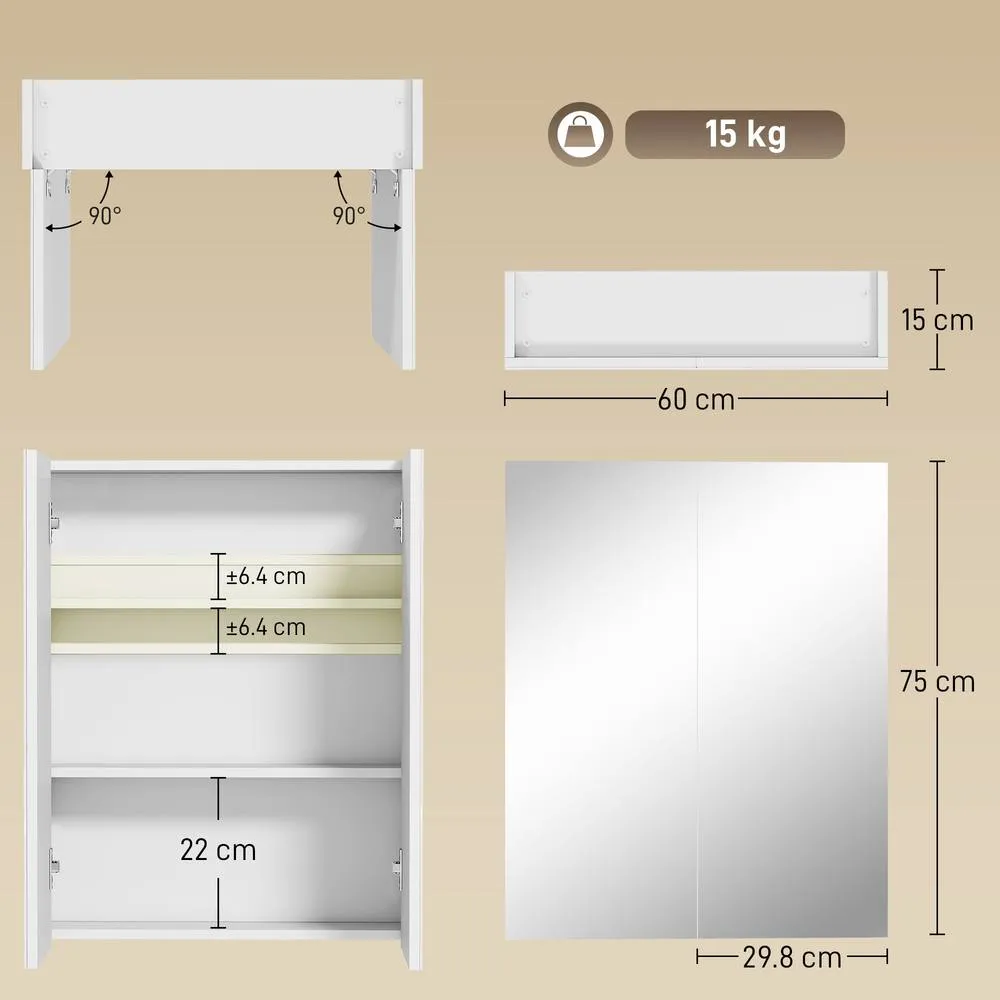 HOMCOM Wall Mounted Bathroom Mirror Storage Cabinet w/ Door Adjustable Shelf in White 3