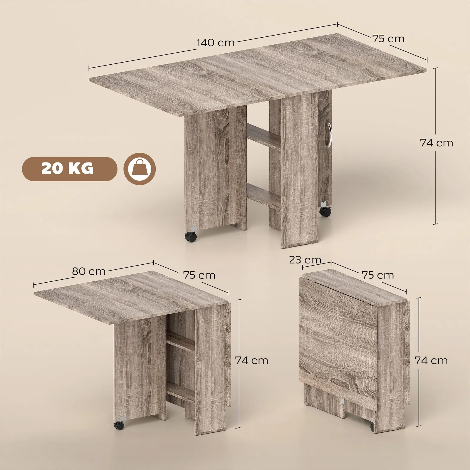 HOMCOM 80-140 cm Folding Dining Table for 4-6 Drop Leaf Table in Grey 3