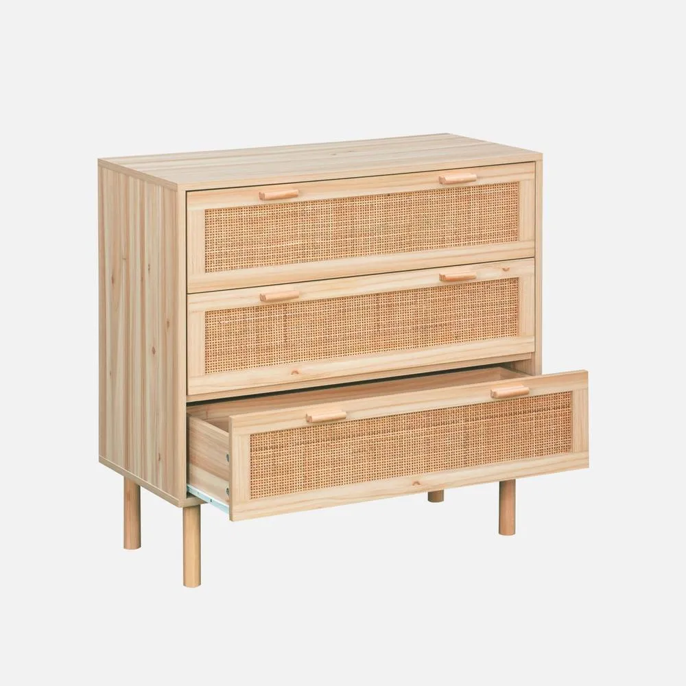 sweeek 3-drawer Chest With Cane & Wooden Effect in Light Brown 3