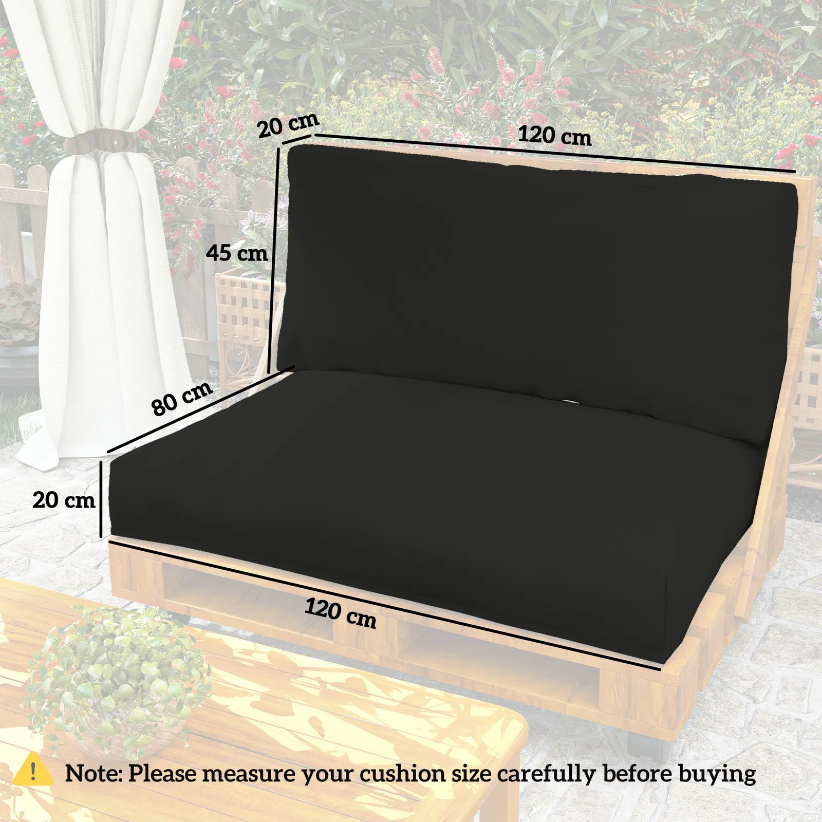 OUTSUNNY 2 Seat Pallet Cushions 20cm Thick Outdoor Seat Pads, Black 3