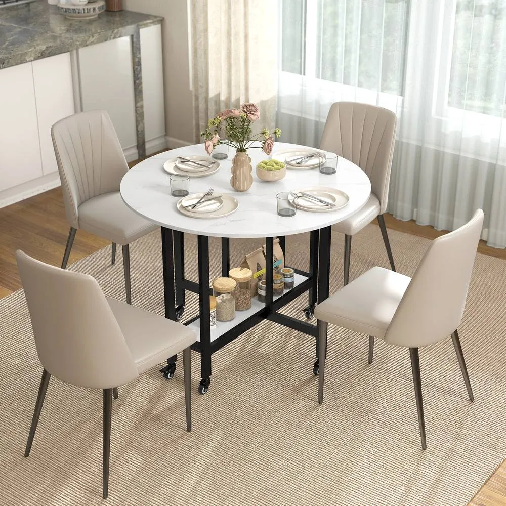 HOMCOM Folding Dining Table, Drop Leaf Table with Open Shelf, White Marble