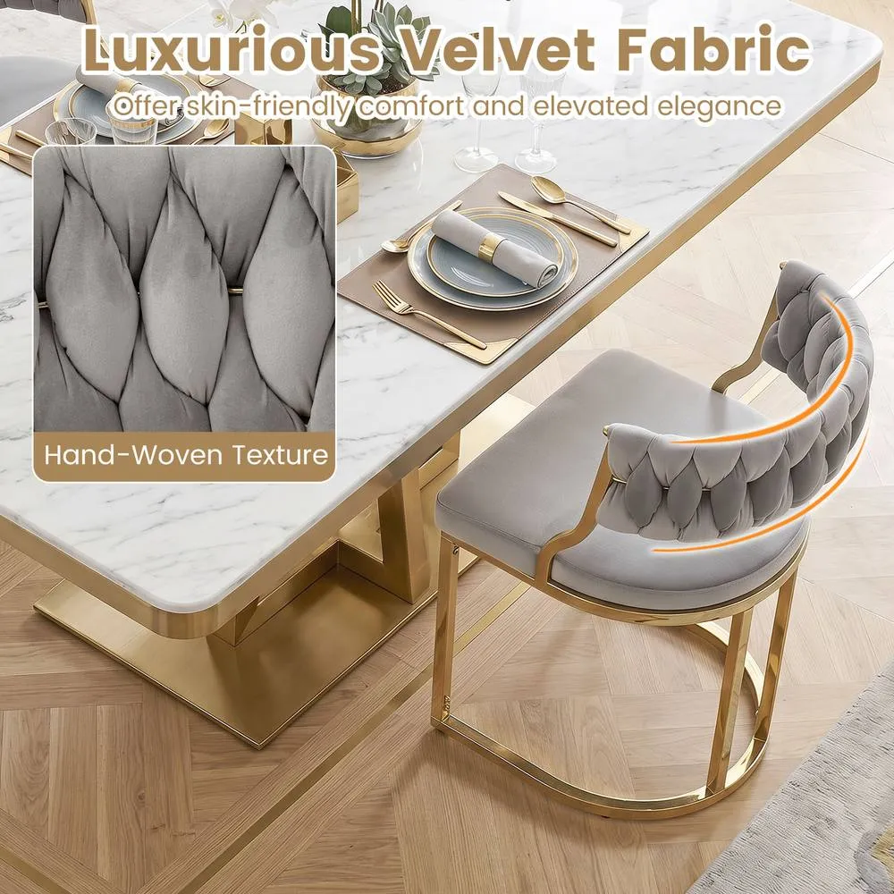 Costway 2PCS Velvet Dining Chairs Modern Woven Upholstered Accent Chairs in Grey 4