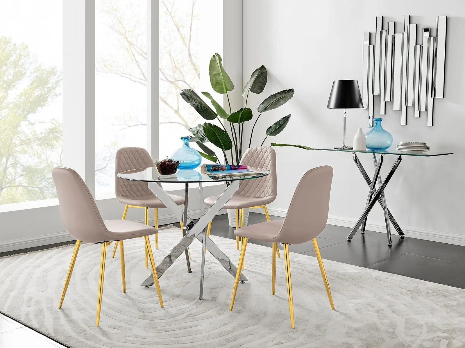 FurnitureboxUK Novara Chrome Metal 100cm Round Glass Dining Table & 4 Corona Gold Dining Chairs in Beige