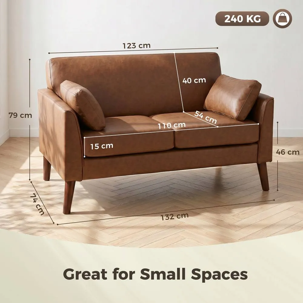 HOMCOM 2 Seater Sofa, 132 cm Modern Small Sofa with Solid Wood Legs, Brown 3