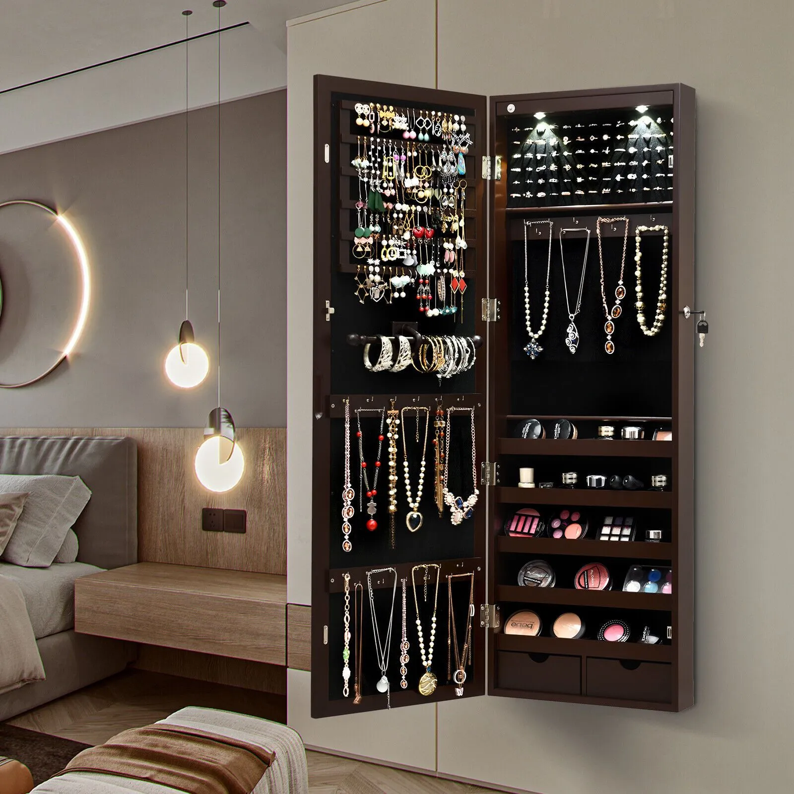 Costway Wall/Door Mounted Jewelry Armoire Organizer Full-length Mirror Storage Cabinet in Brown 3