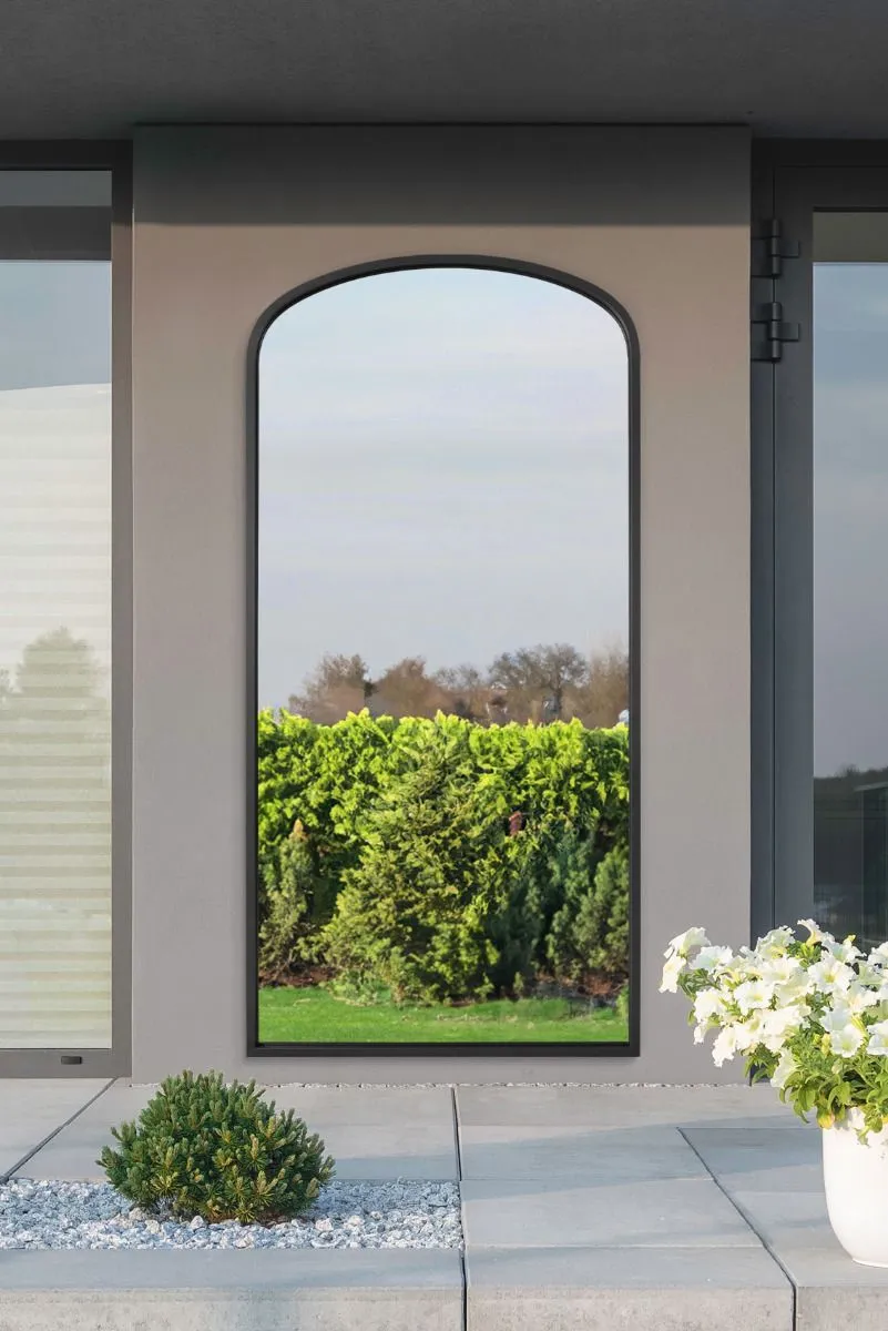 MirrorOutlet Black Metal Framed Arched Garden Wall Mirror 67"x33" (170x85CM)