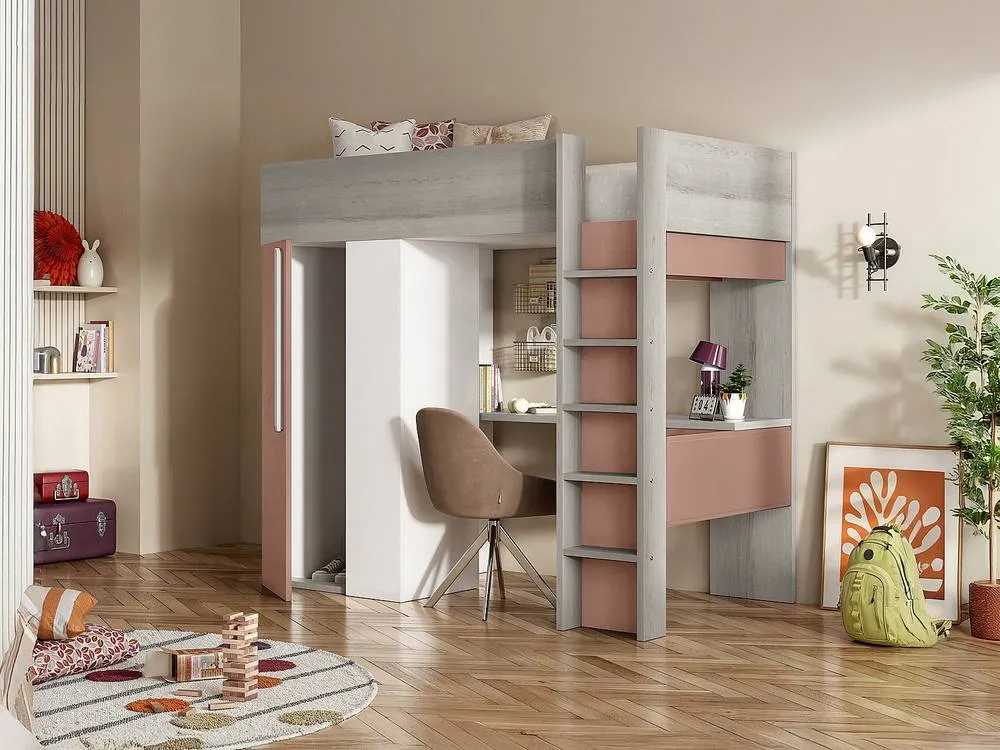 Vente-unique High Sleeper Bed 90 X 200 Cm With Wardrobe & Desk - Pink & White 4