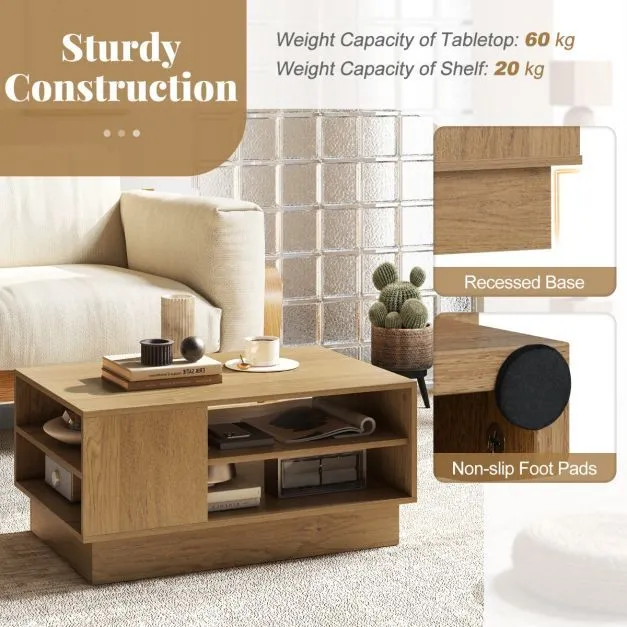 Costway Modern Coffee Table 86cm Long Rectangle Center Table w/ Shelves in Natural 6