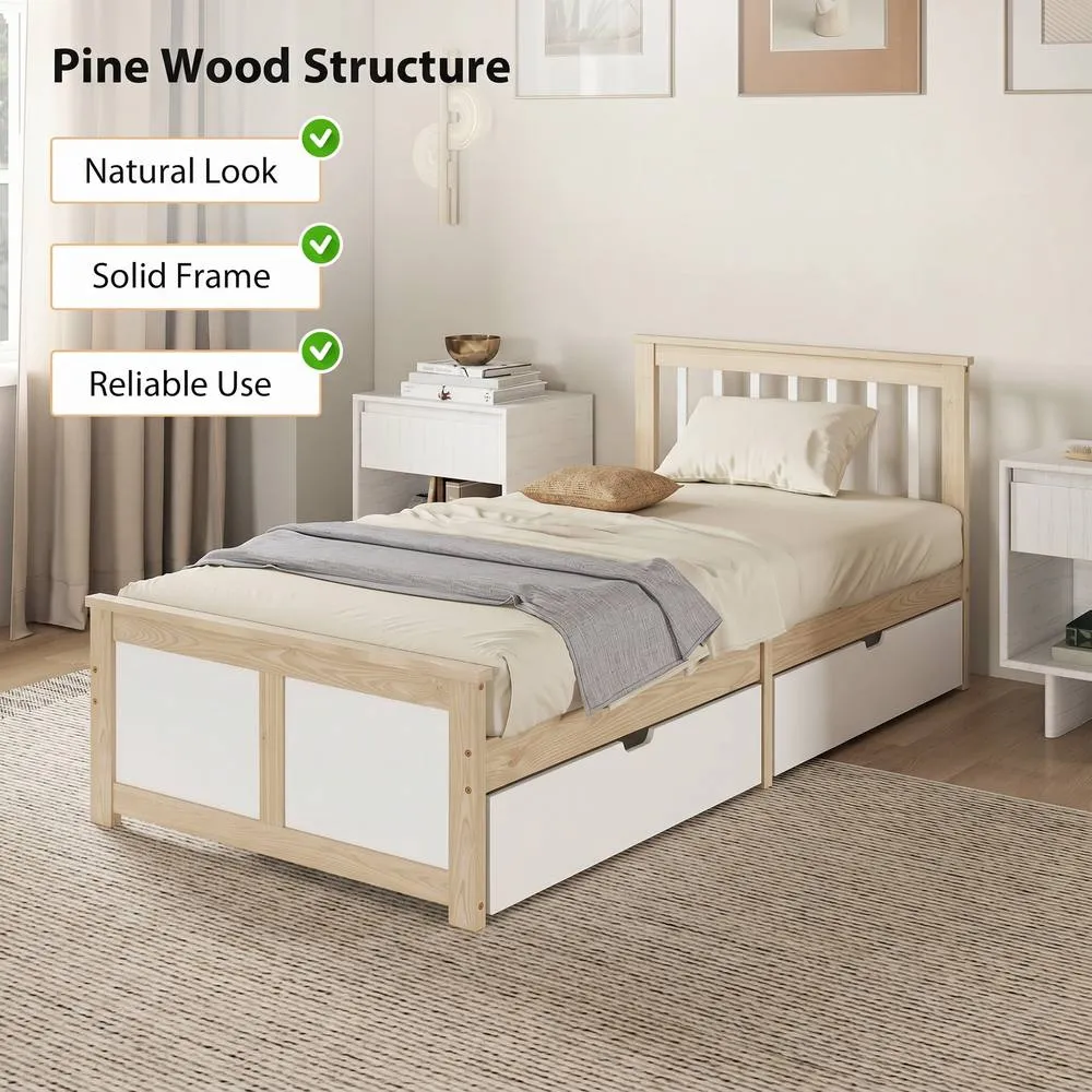 HOMCOM Storage Bed with 2 Drawers, Headboard, Wood Slat Support, Natural 4
