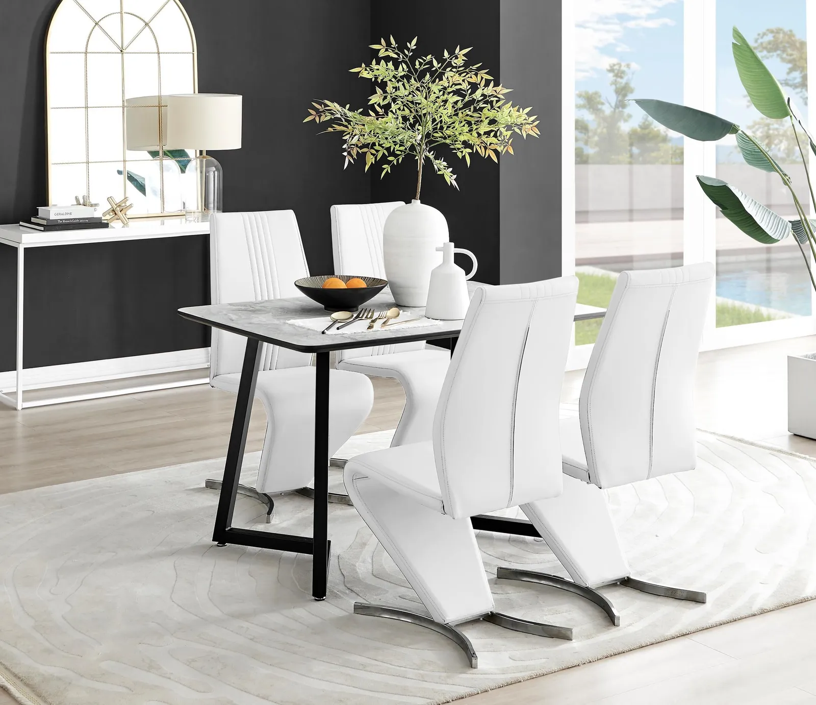 FurnitureboxUK Carson White Marble Effect Dining Table & 4 Willow Chairs 1