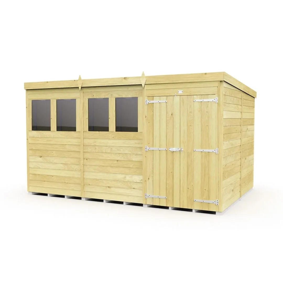 Buttercup Farm 12 x 8 Feet Pent Shed - Double Door W/ Windows - L231 x W358 x H201 cm in Brown