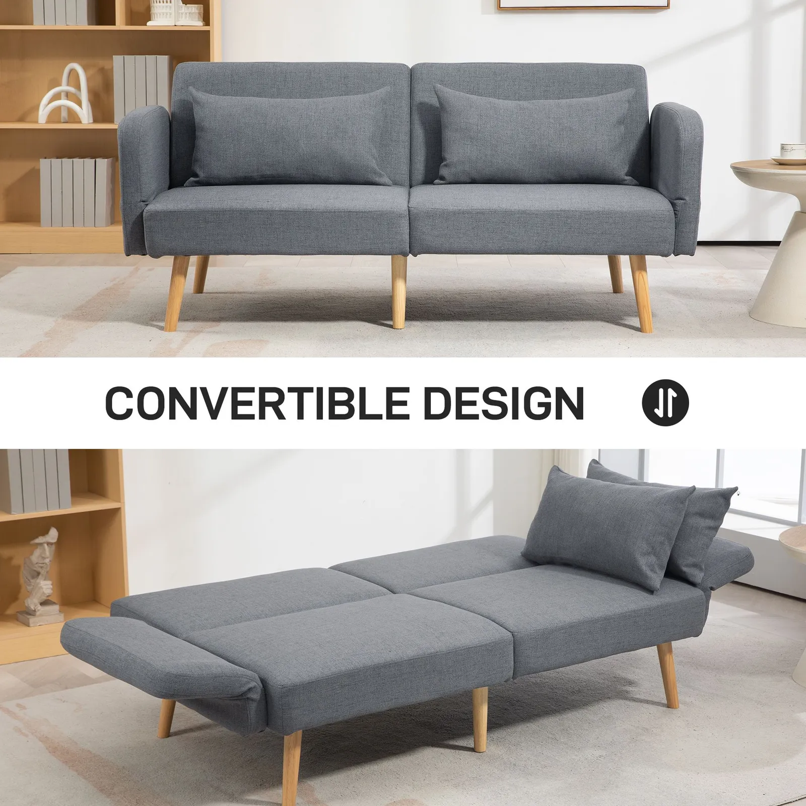 HOMCOM Convertible Sofa Bed, Fabric Sofa Couch with 2 Cushions for Living Room in Grey 4