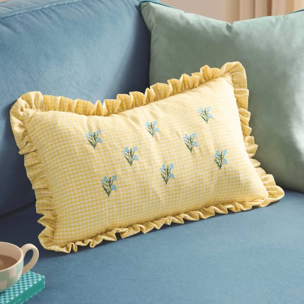 Furn Les Petite Fleurs 100% Cotton Gingham Ruffle Cushion in Yellow