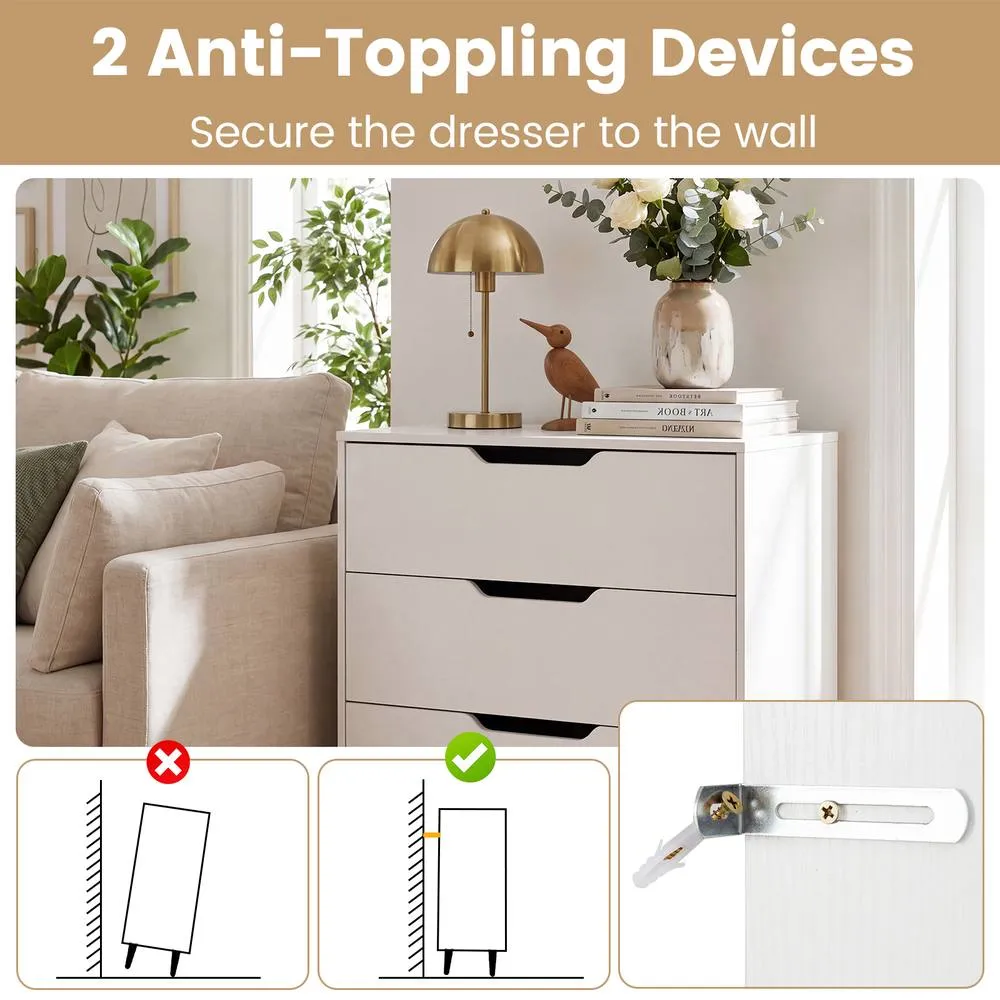 Costway Modern 3-Drawer Dresser Wooden Nightstand Tall Chest of Drawers in White 5