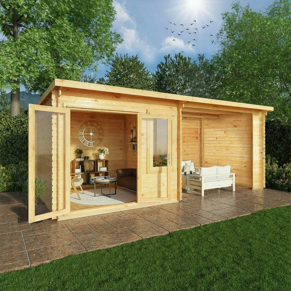 Mercia Elite Pent 28 mm Log Cabin w/ Patio Area, L333.5 x W590.6 x H249.4 cm in Light Tan 6