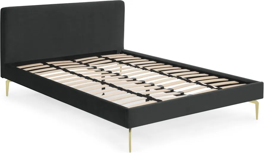 Kida Double Bed, Midnight Grey Velvet & Brass Legs