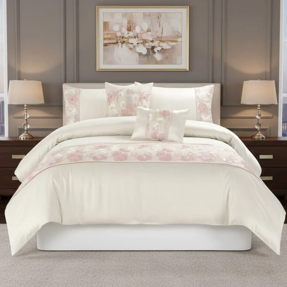 Snug City Embroidered Floral Duvet Cover Set Luxury Bedding Matching Pillowcases in Pink
