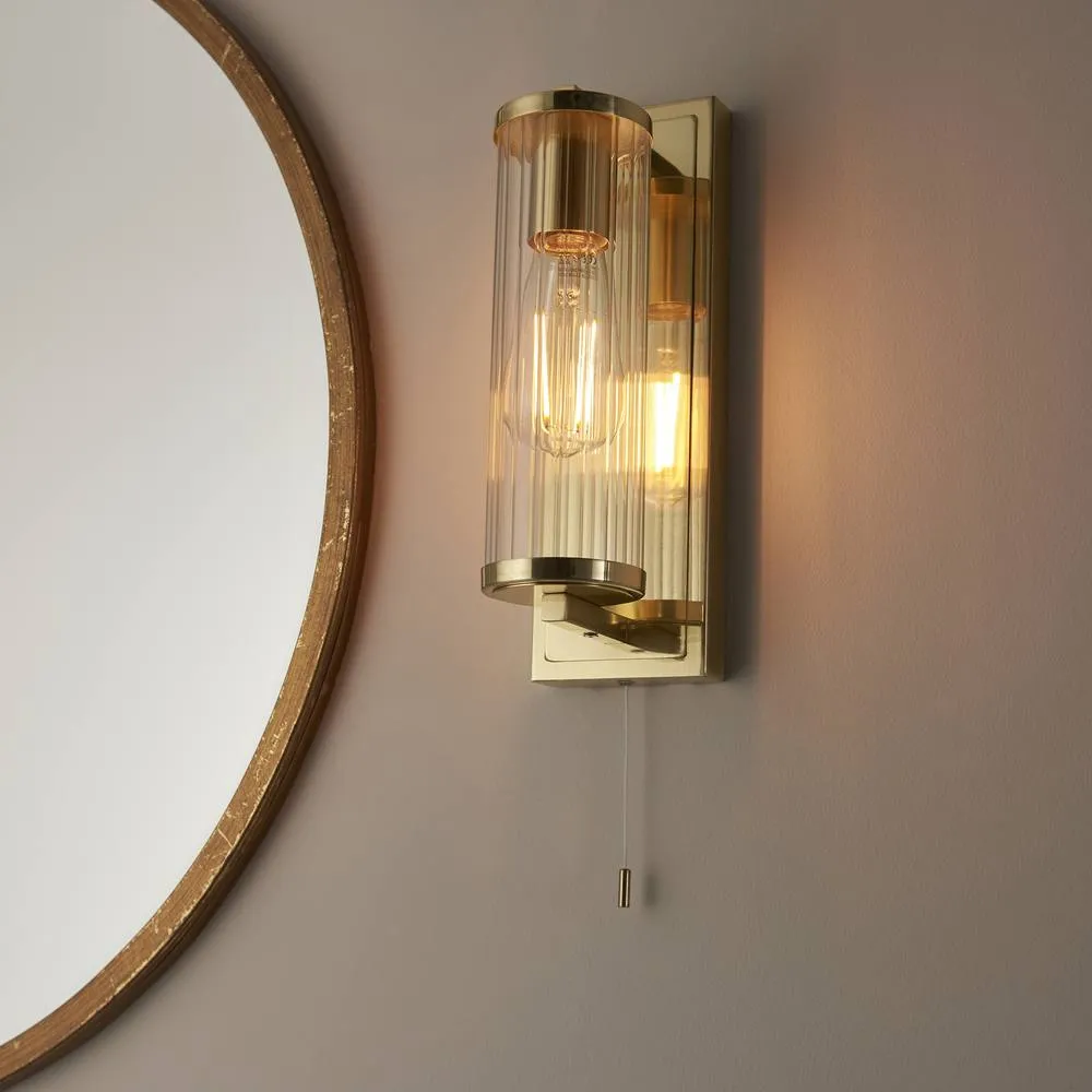 Netlighting Taylor Bathroom Wall Lamp Satin Brass Clear Ribbed Glass in Gold 4