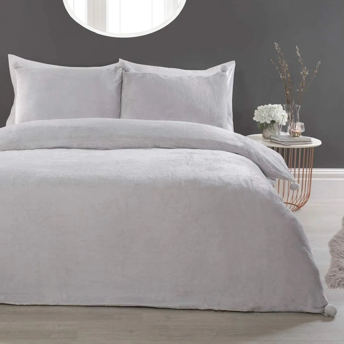 Smart Living Luxurious Pom Pom Fleece Duvet Cover with Pillowcases in Silver