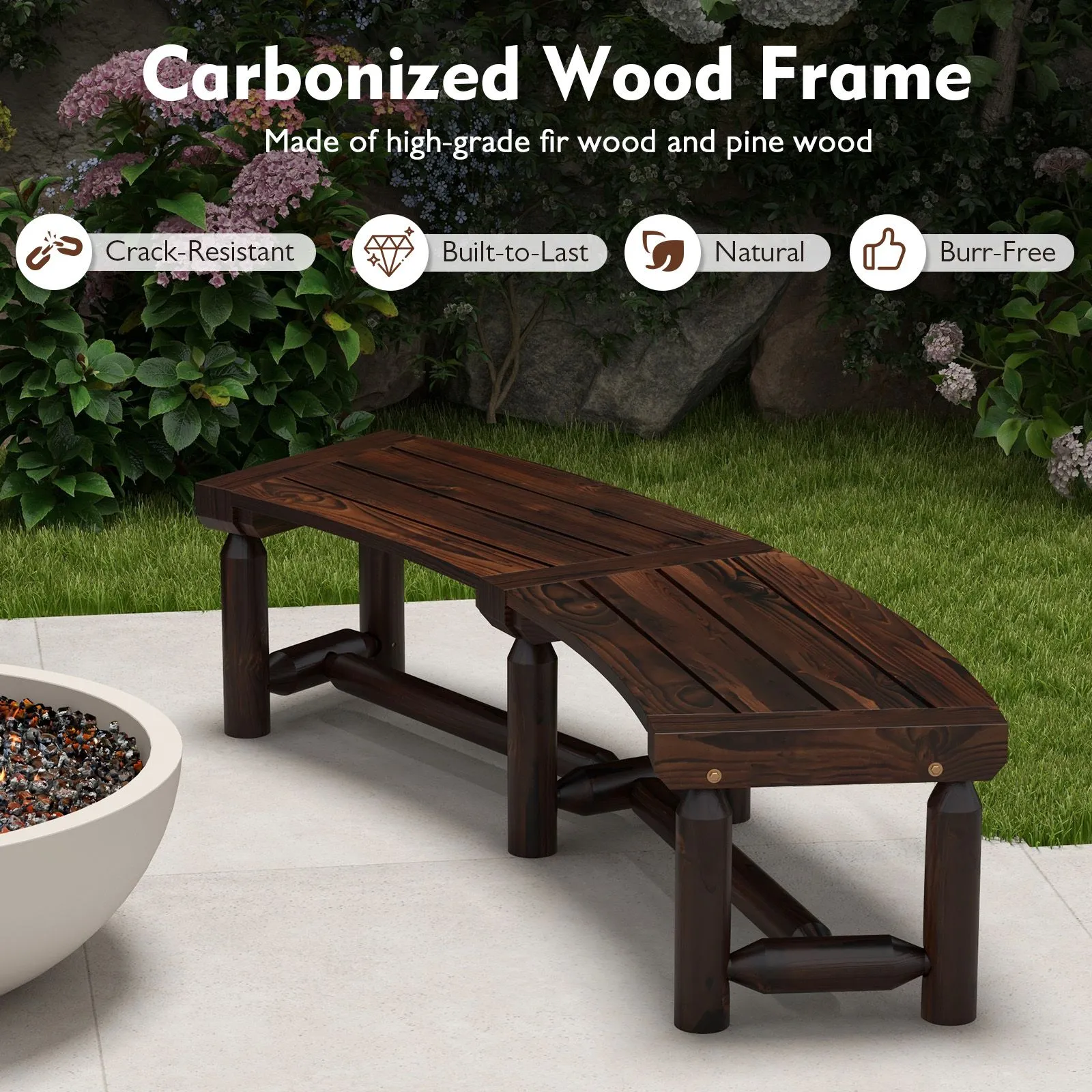 Costway Garden Curved Bench Patio Carbonized Wood Dining Bench Loveseat Slatted Seat in Brown 6