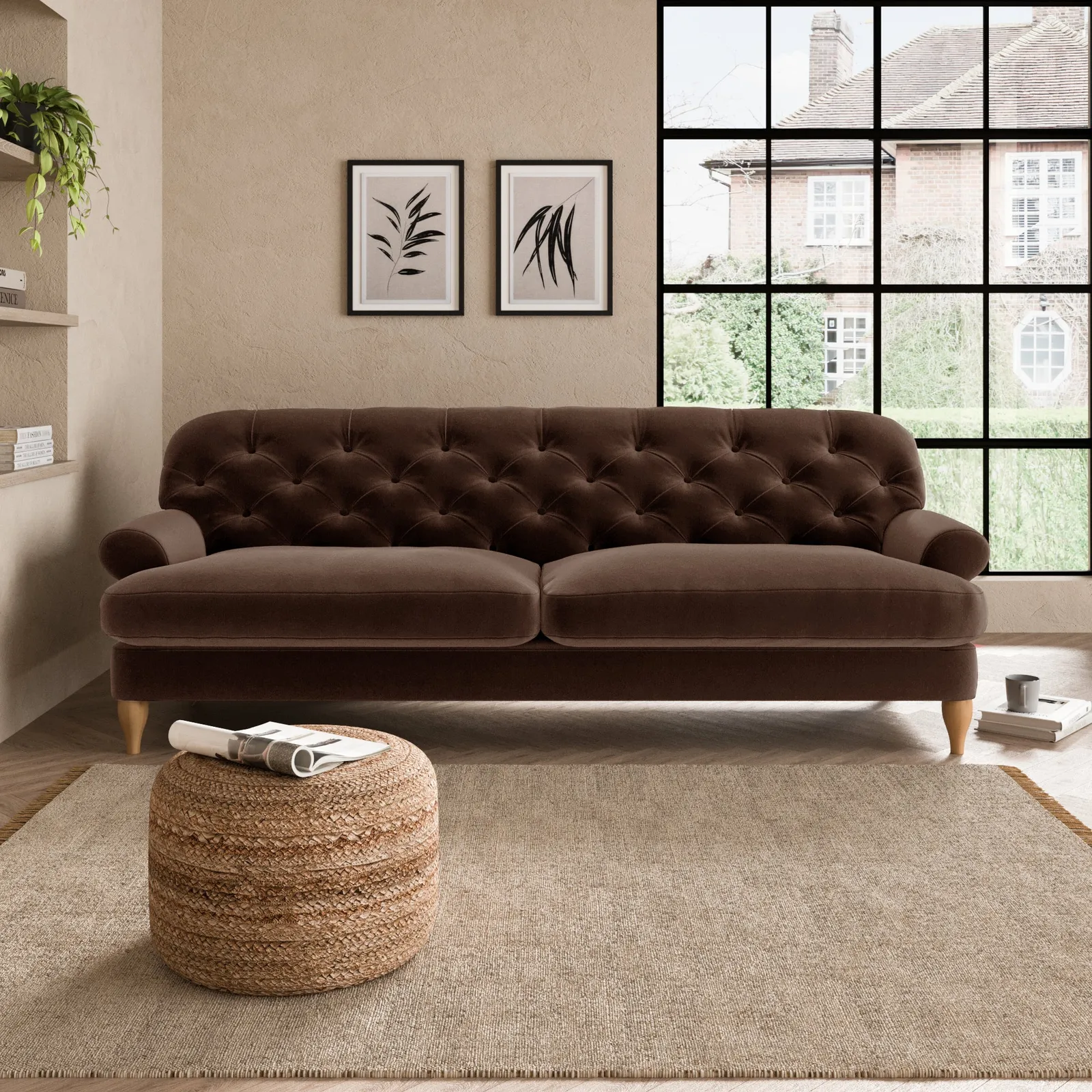 Canterbury Luxury Velvet 4 Seater Sofa Brown