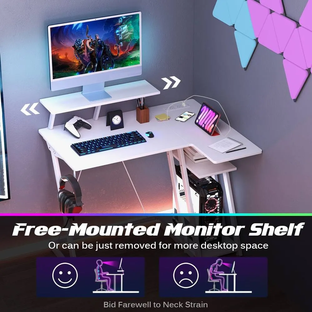 Costway L-Shaped Gaming Desk Small Computer Desk w/ Monitor Shelf & Outlets in White 5
