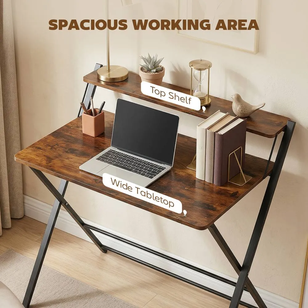 HOMCOM Folding Desk with 2-Tier Shelf for Home Office in Brown 5