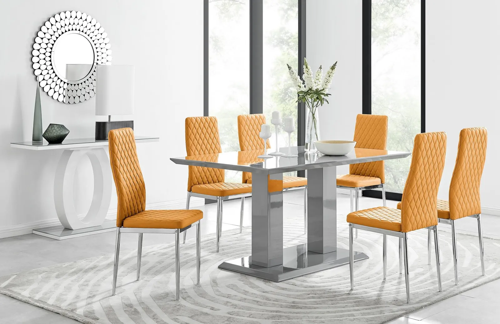 FurnitureboxUK Imperia Grey Modern High Gloss Dining Table & 6 Milan Dining Chairs Set in Mustard