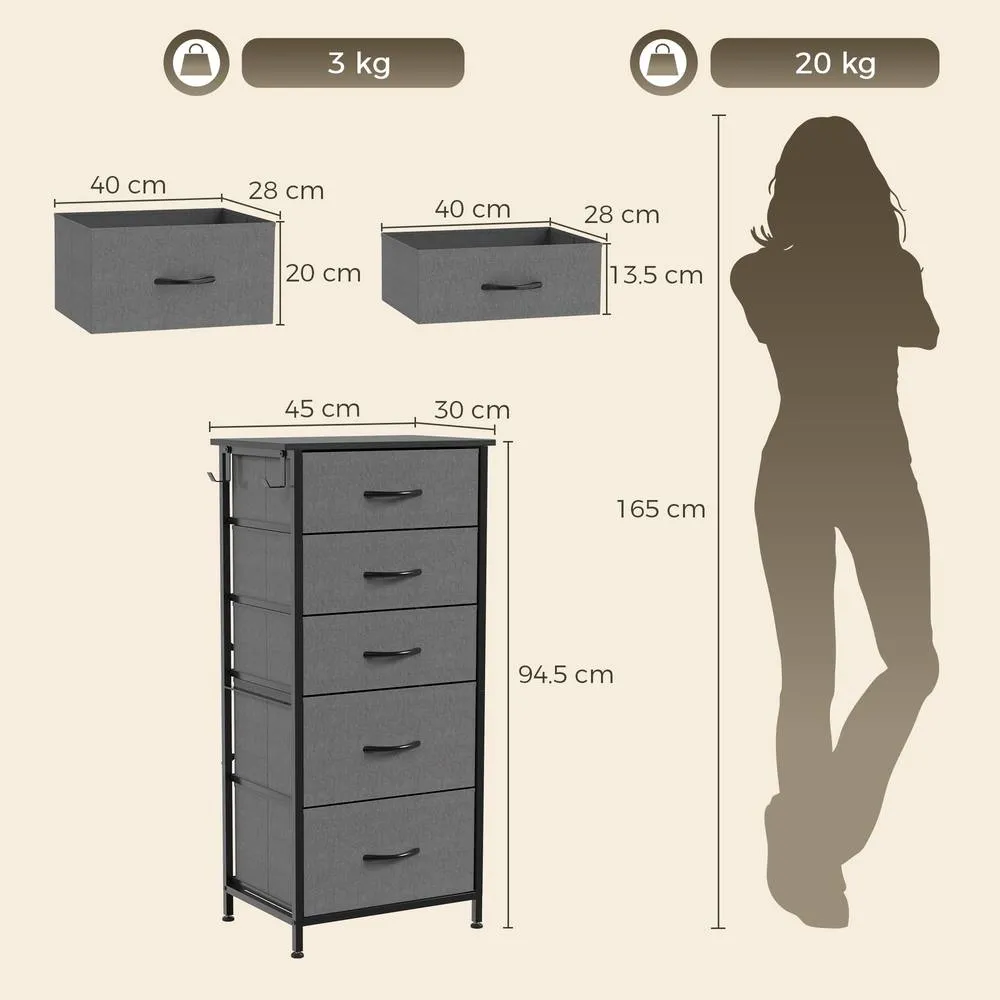 HOMCOM Fabric Chest of Drawers, 5 Drawer Dresser for Bedroom, Charcoal Grey 3