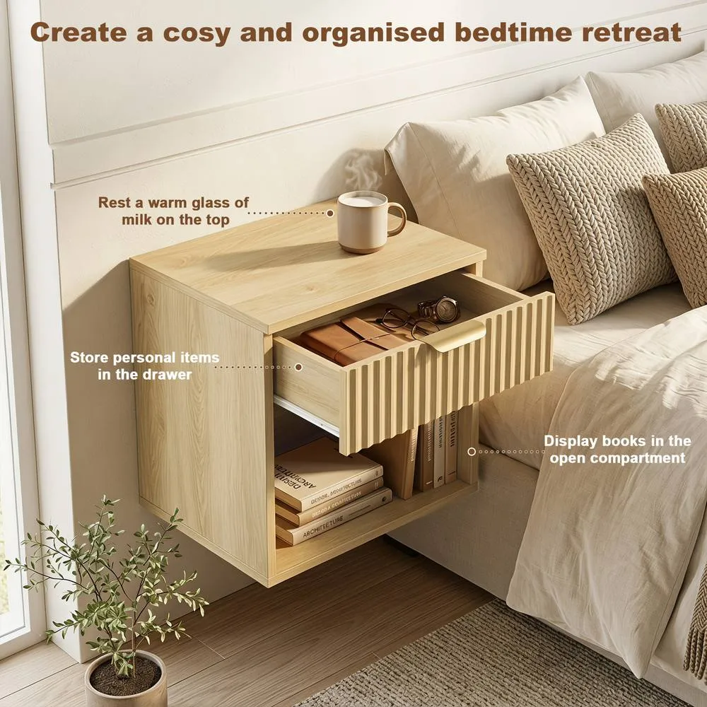 HOMCOM Floating Nightstands Set of 2, Wall Mounted Bedside Tables, Oak in Light Oak 5