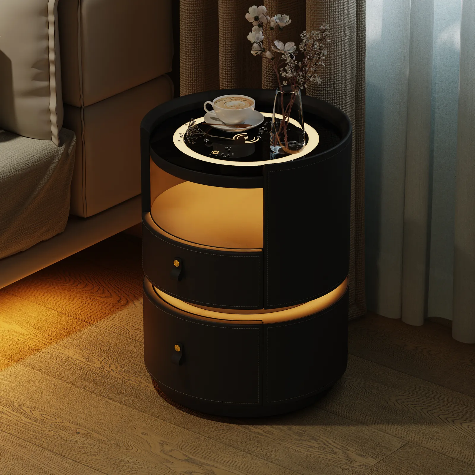 Modern Saddle Leather Smart LED Bedside Table with Charging Station, Tempered Glass Top