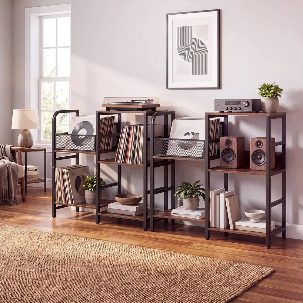 Costway Industrial Turntable Stand with Record Storage Medial Console Rack in Brown 5
