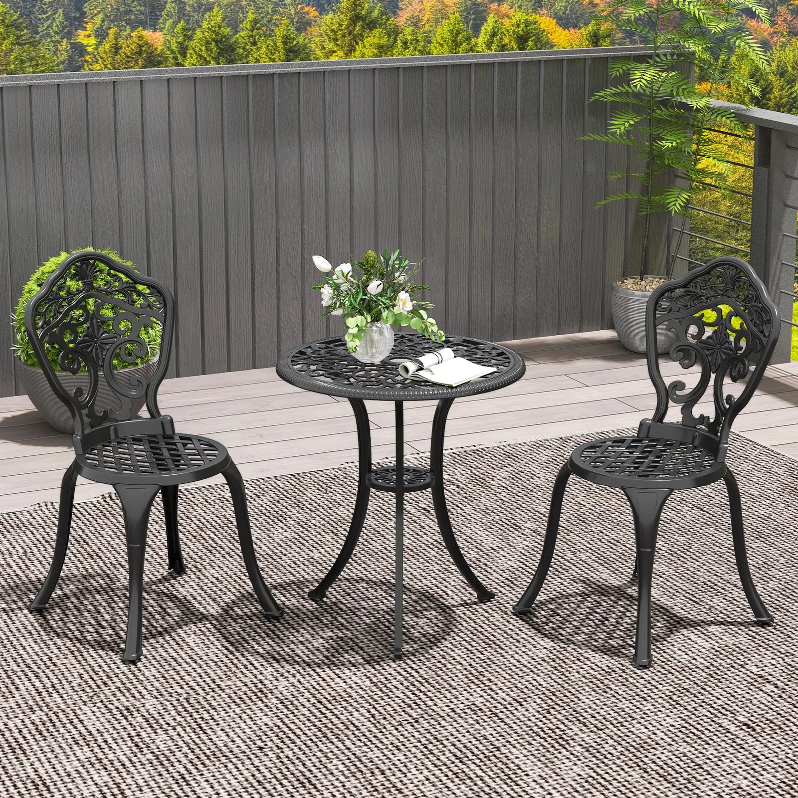 OUTSUNNY 3 Piece Cast Aluminium Bistro Set with Parasol Hole for Balcony, Patio in Black