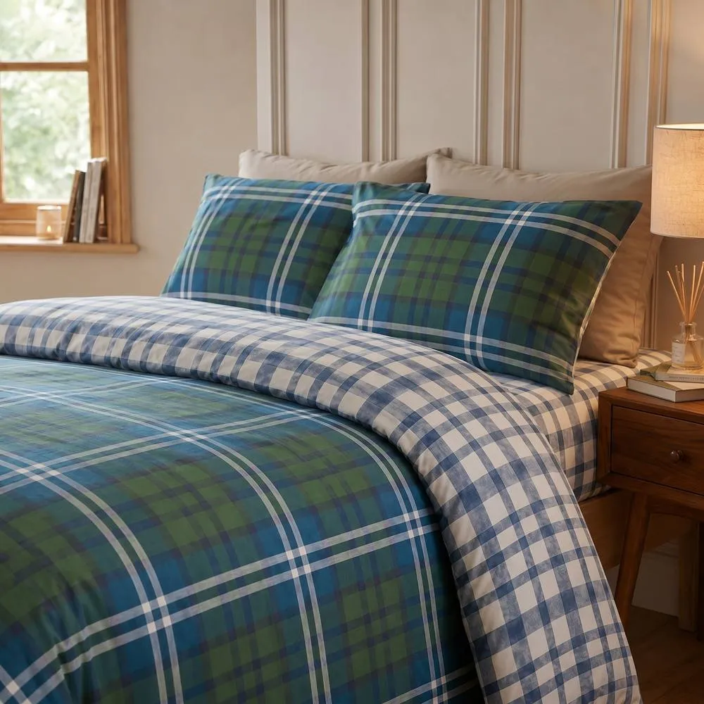 Rapport Home Ross Check Complete Duvet Cover Set with Fitted Sheet & Pillowcases in Green 2