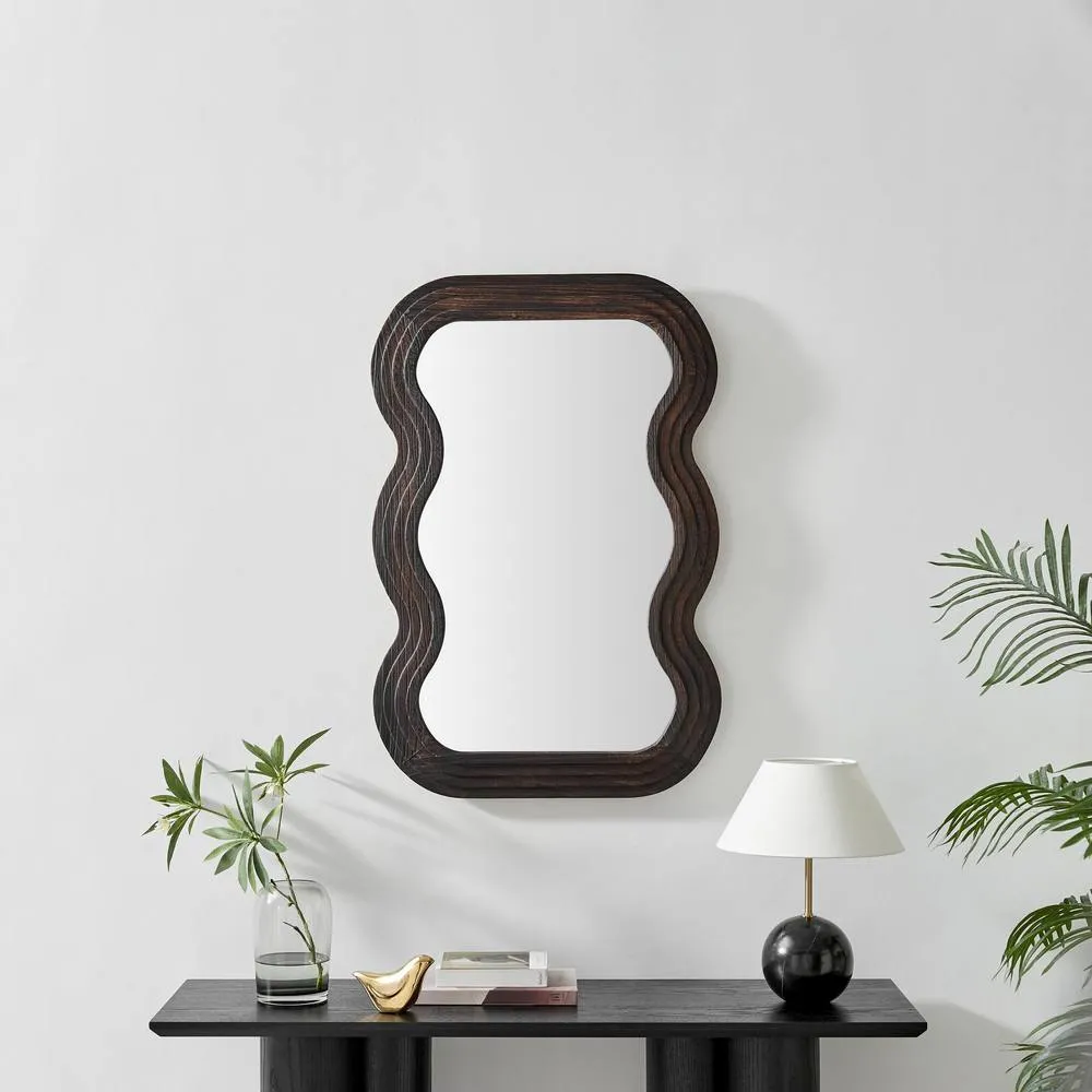 FurnitureboxUK Liora Walnut Wood Medium 90x60cm Rectangle Wavy Wall Mirror